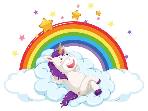 Gelukkige eenhoorn liggend op wolk met regenboog in cartoonstijl