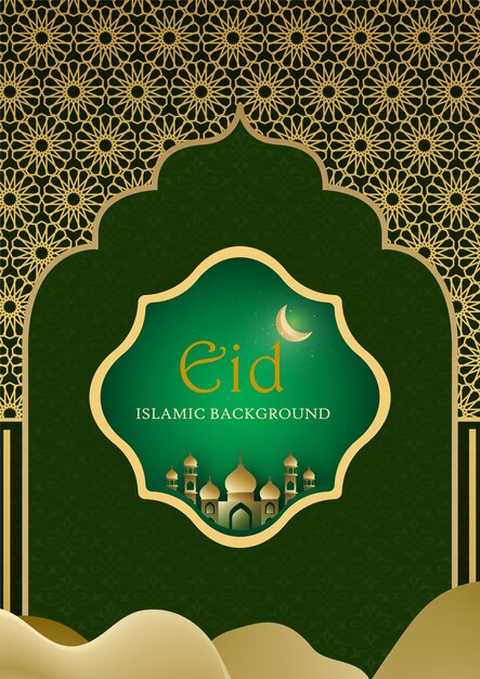 Gelukkige Eid Groeten Groene Gouden Achtergrond Islamitische Sociale Media Banner Gratis Vector