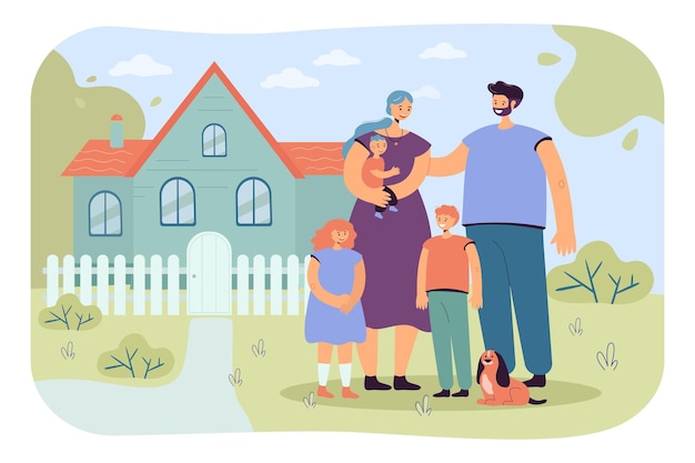 Gratis vector gelukkige familie die zich voor nieuw huis bevindt