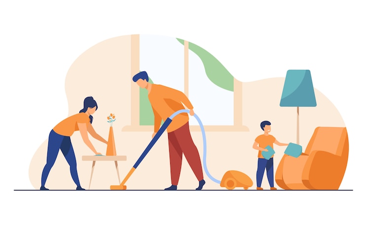Gratis Vector gelukkige familie huishouding samen vlakke afbeelding