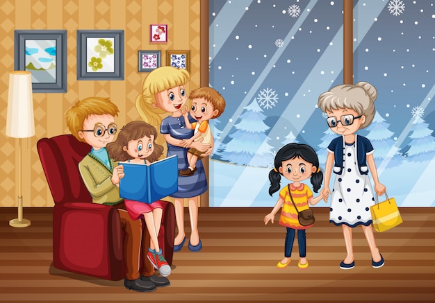 Gelukkige familie in het huis in de winter