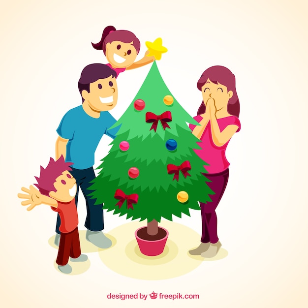 Gratis vector gelukkige familie versieren van de boom achtergrond