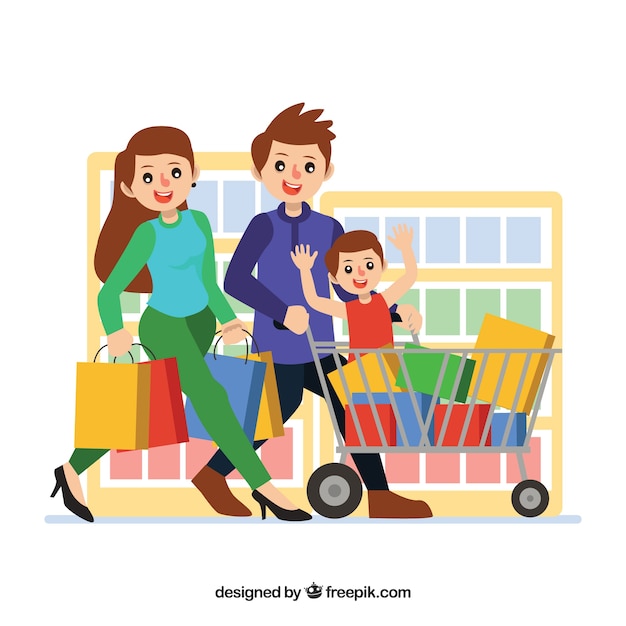 Gratis vector gelukkige familie winkelen met platte ontwerp