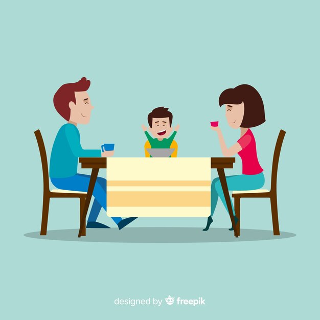 Gelukkige familie zitten aan de tafel, Characterdesign