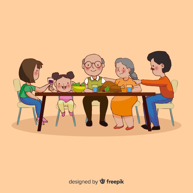 Gelukkige familie zitten aan de tafel, characterdesign