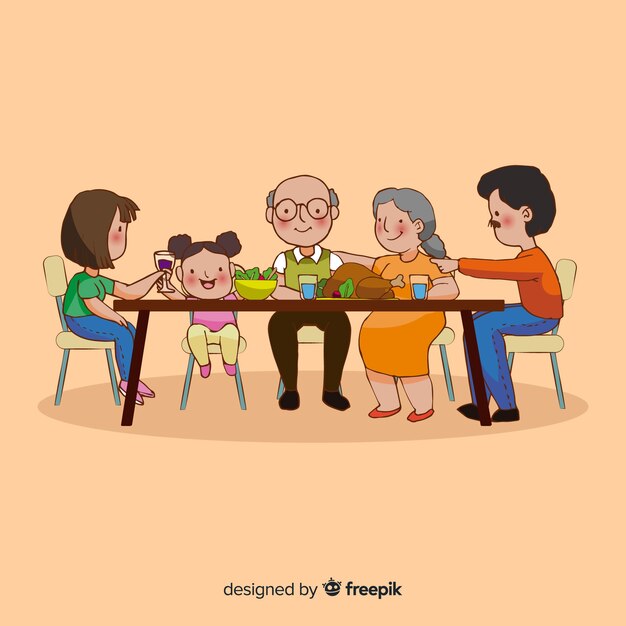 Gelukkige familie zitten aan de tafel, Characterdesign
