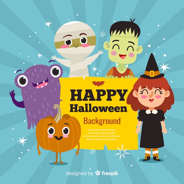 Gratis vector gelukkige halloween-achtergrond met leuke beeldverhaalkarakters