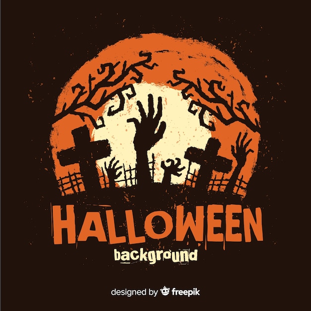 Gelukkige Halloween-achtergrond met zombiehand en begraafplaats