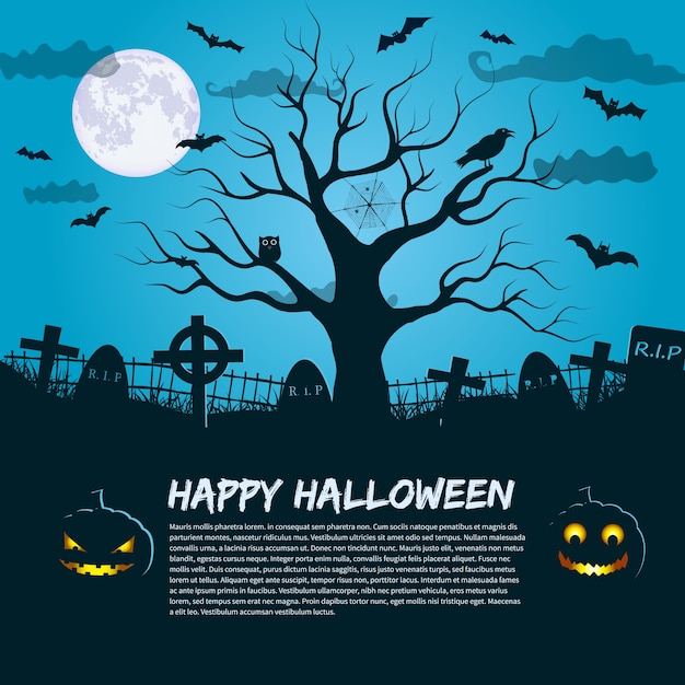 Gelukkige Halloween-affiche met silhouet van dode boom bij de hemel van de maannacht en plaats voor vlakke uitnodigingstekst