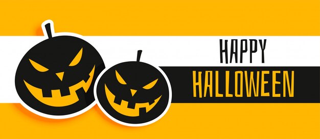 Gelukkige Halloween gele banner met lachende pompoenen