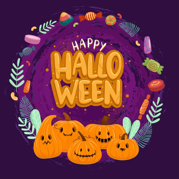 Gratis vector gelukkige halloween-viering met pompoen en suikergoed