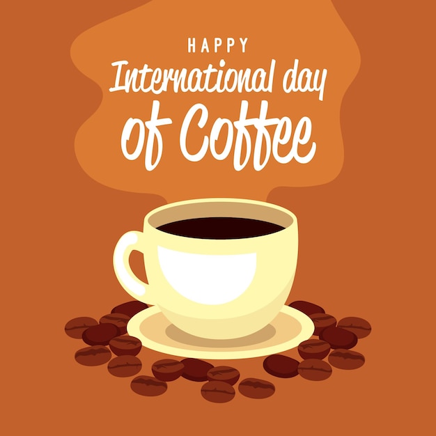 Gratis vector gelukkige internationale dag van koffie met kop en bonen