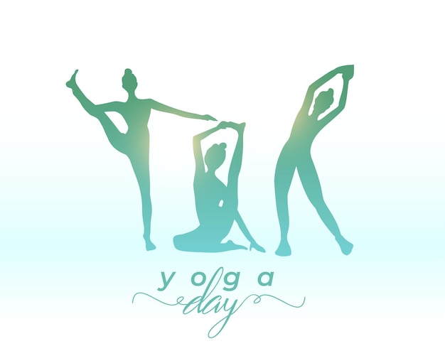 Gratis vector gelukkige internationale yogadagachtergrond met vrouwensilhouet