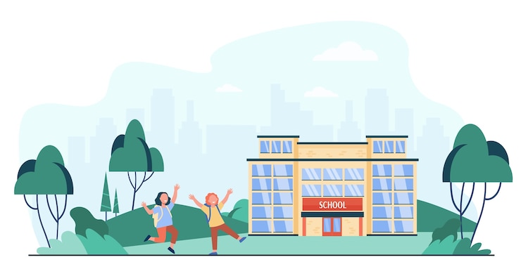 Gratis Vector gelukkige jonge geitjes die buiten dichtbij school geïsoleerde vlakke vectorillustratie lopen. cartoon kinderen gaan langs de weg naar de ingang van de school. onderwijs en jeugdconcept