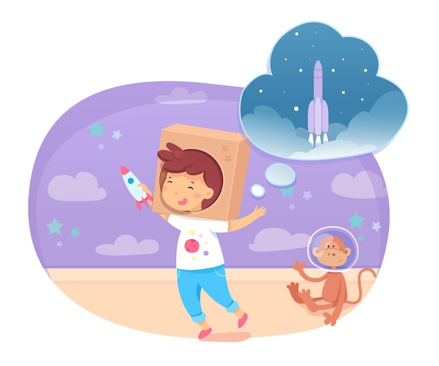 Gelukkige jongen die speelt en droomt als astronaut glimlachend schattig grappig kind met kartonnen doos op hoofd met speelgoedraket Ruimteschip in droombubbel