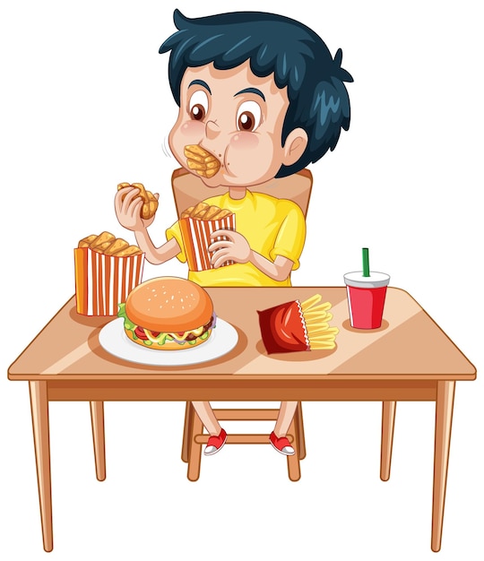 Gratis vector gelukkige jongen die van maaltijd genieten