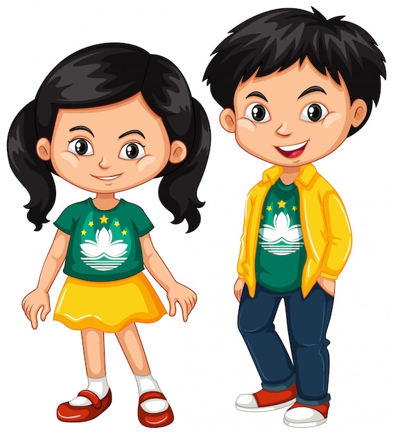 Gelukkige jongen en meisje dragen shirt met vlag van macau