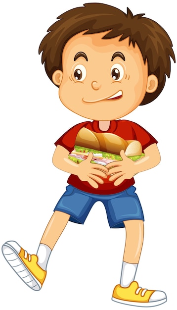 Gratis vector gelukkige jongen stripfiguur knuffelen voedsel sandwich