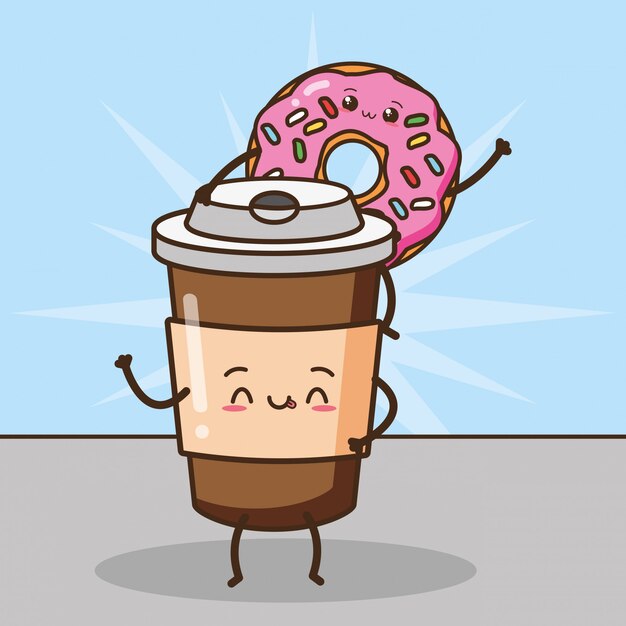 Gelukkige Kawaii-koffie en donuts, voedselontwerp, illustratie