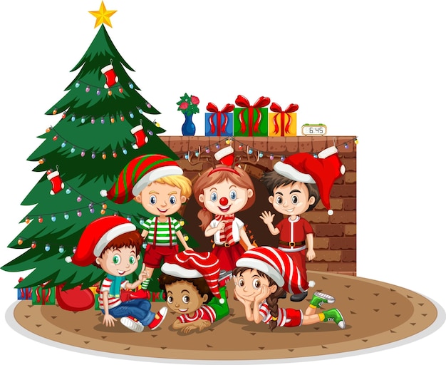 Gratis vector gelukkige kinderen die kerstmis op witte achtergrond vieren