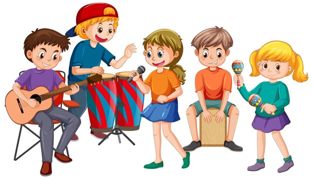 Gelukkige kinderen die muziekinstrumenten bespelen