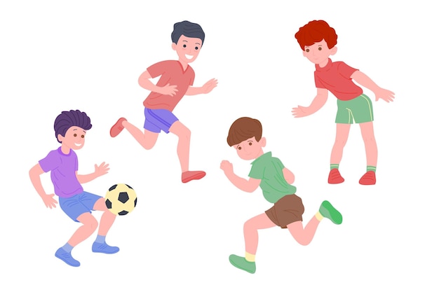 Gelukkige kinderen die sportspel spelen. jongen en meisje die lichaamsbeweging doen. kinderen aan het voetballen. actieve gezonde jeugd. platte vector cartoon illustratie geïsoleerd op een witte achtergrond