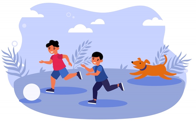 Gratis vector gelukkige kinderen en hond bal buiten spelen