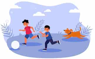 Gratis vector gelukkige kinderen en hond bal buiten spelen