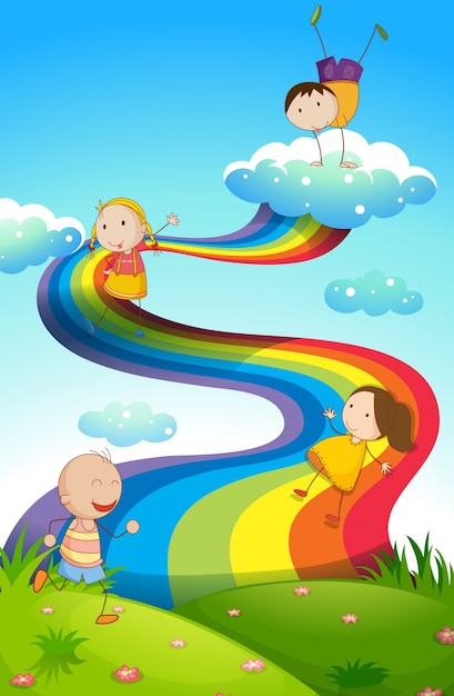 Gratis vector gelukkige kinderen op regenboog