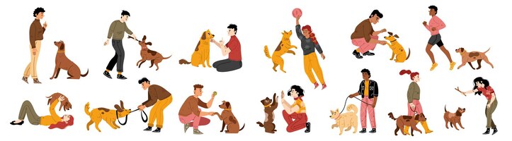 Gratis vector gelukkige mensen die met honden spelen en glimlachen