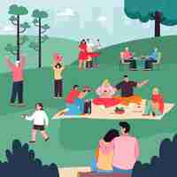 Gratis vector gelukkige mensen die samen eten, drinken, communiceren onder bomen, spelen met kinderen. cartoon familie rust tijdens picknick in stadspark illustratie