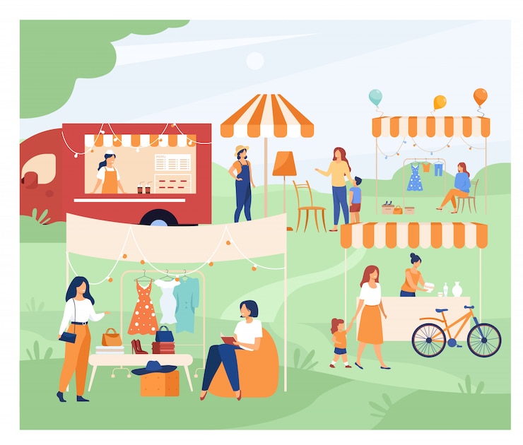 Gratis Vector gelukkige mensen op de vlooienmarkt van het straatseizoen