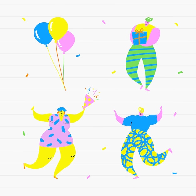 Gelukkige mensen vieren een verjaardagsfeestje doodles set vector