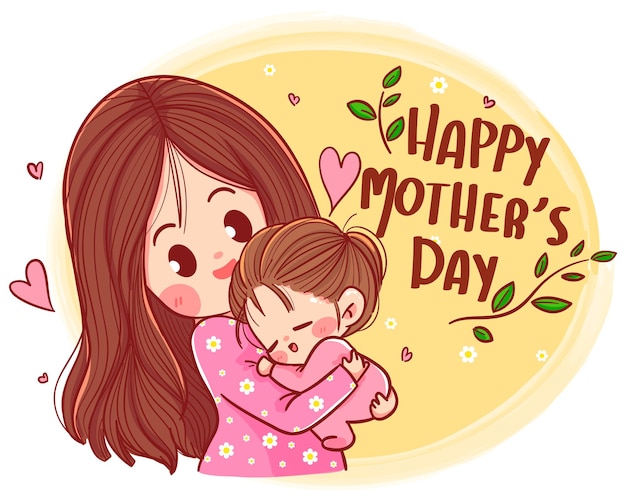 Gelukkige moederdag, mooie moeder en dochter personage met de hand getekende cartoon illustratie