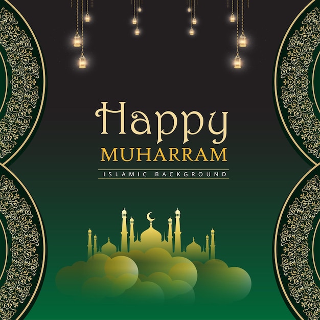 Gratis vector gelukkige muharram groene zwarte achtergrond islamitische sociale media banner gratis vector