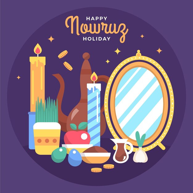 Gelukkige nowruz-illustratie met kaarsen en spiegel