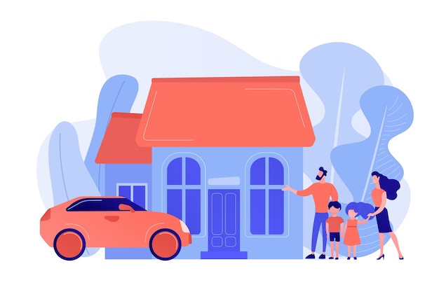 Gelukkige ouders met kinderen en vrijstaand huis. Eengezinswoning vrijstaande woning, gezinswoning, vrijstaande woning en eenheidswoningconcept. Roze koraal bluevector geïsoleerde illustratie