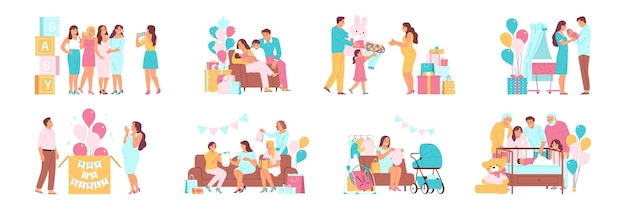 Gratis vector gelukkige ouders tijdens baby shower party en met pasgeboren baby's platte set geïsoleerde vectorillustratie