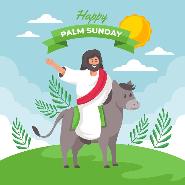 Gelukkige palmzondagillustratie met jezus en ezel