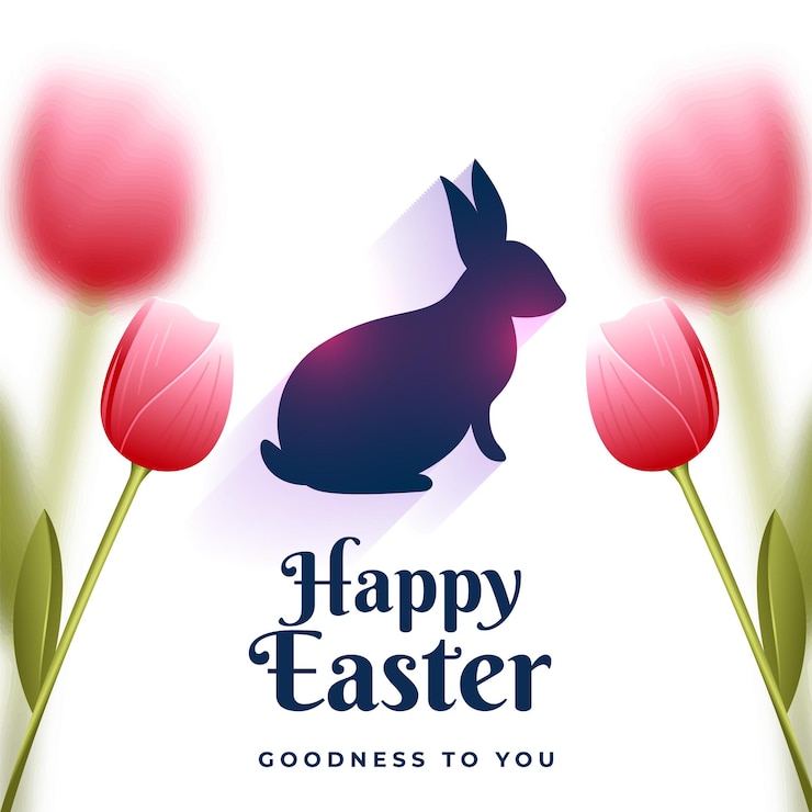 Gratis Vector gelukkige pasen-groetachtergrond met konijnsilhouet en tulpenbloemen