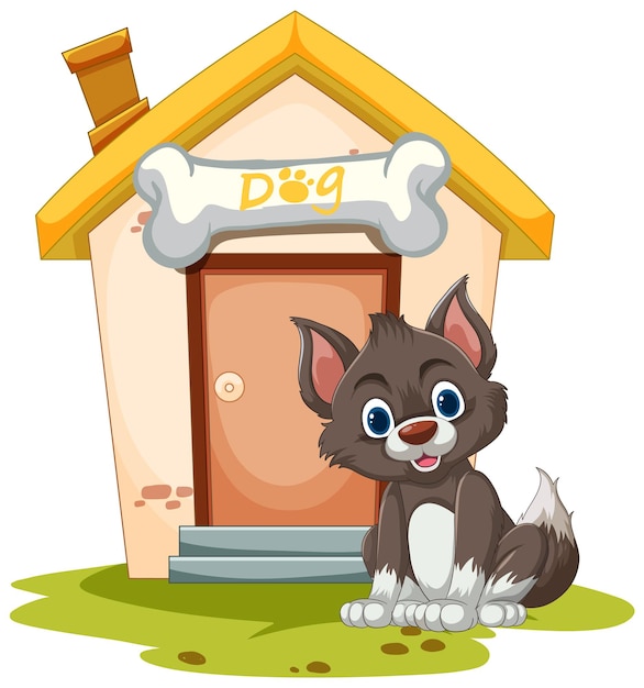 Gratis vector gelukkige puppy buiten cartoon hondenhuis