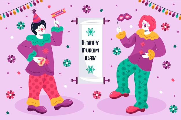 Gelukkige purim-dagillustratie met clowns