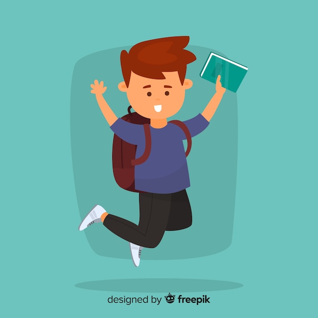 Gratis vector gelukkige student die met vlak ontwerp springt