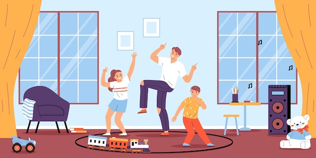 Gelukkige vader die plezier heeft met zijn kinderen die dansen in de kinderkamer met divers speelgoed rond platte vectorillustratie