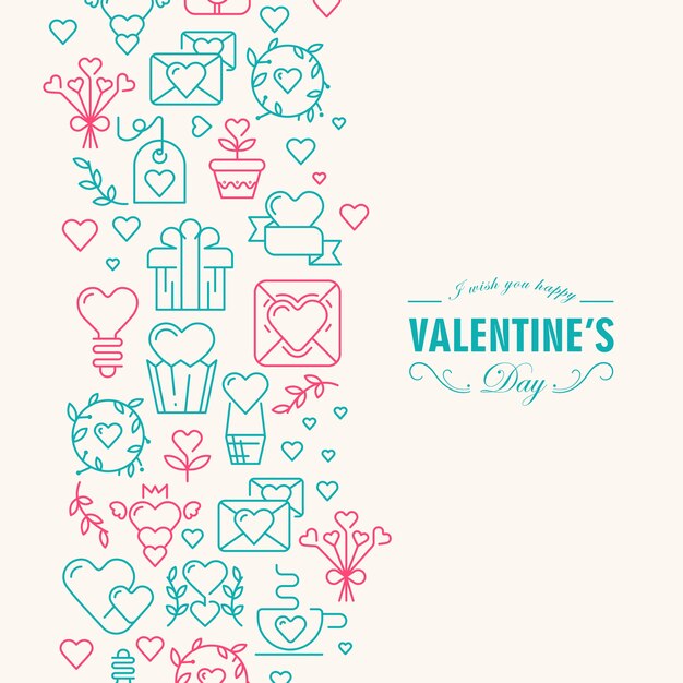 Gelukkige Valentijnsdag decoratieve kaart met wensen wees gelukkig en veel symbolen roze en groen gekleurd zoals hart, lint, envelop illustratie