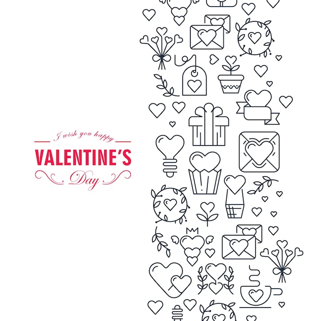 Gelukkige Valentijnsdag decoratieve kaart met wensen wees gelukkig en veel symbolen zoals hart, lint, envelop, cadeau-illustratie