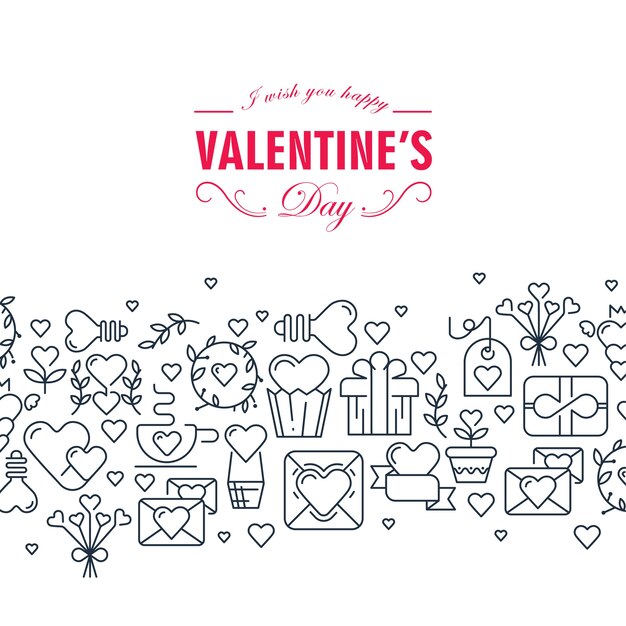 Gelukkige Valentijnsdag decoratieve kaart met woorden over gelukkig zijn en veel zwart-wit symbolen zoals hart lint pijlen illustratie