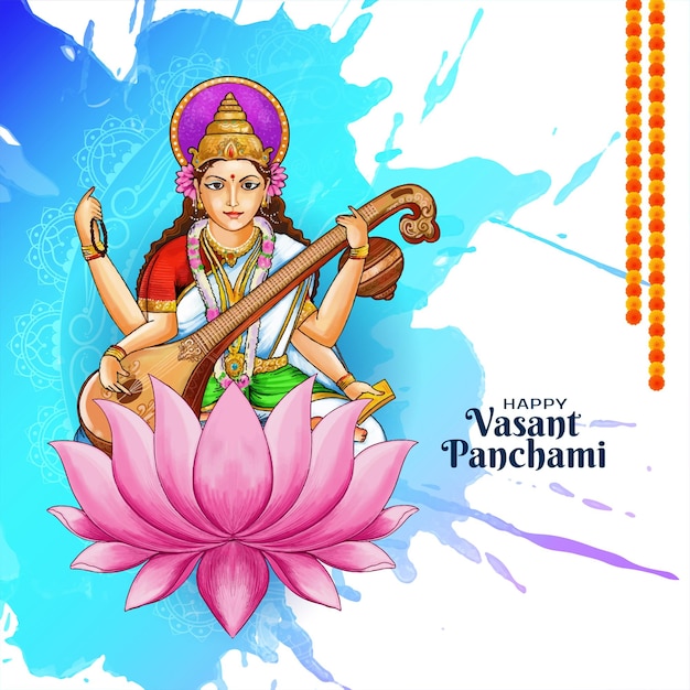 Gratis vector gelukkige vasant panchami religieuze indiase festival kaart met godin saraswati ontwerp