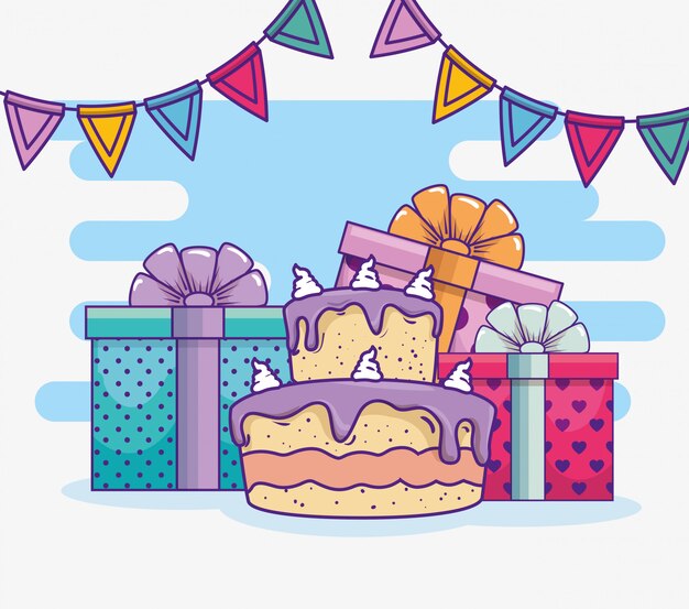 Gelukkige verjaardag met cake en feest banner