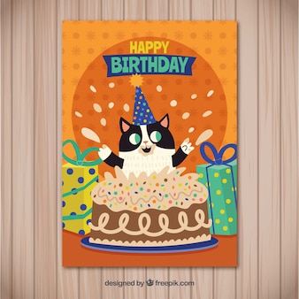 Gelukkige verjaardagskaart met schattige kat in vlakke stijl